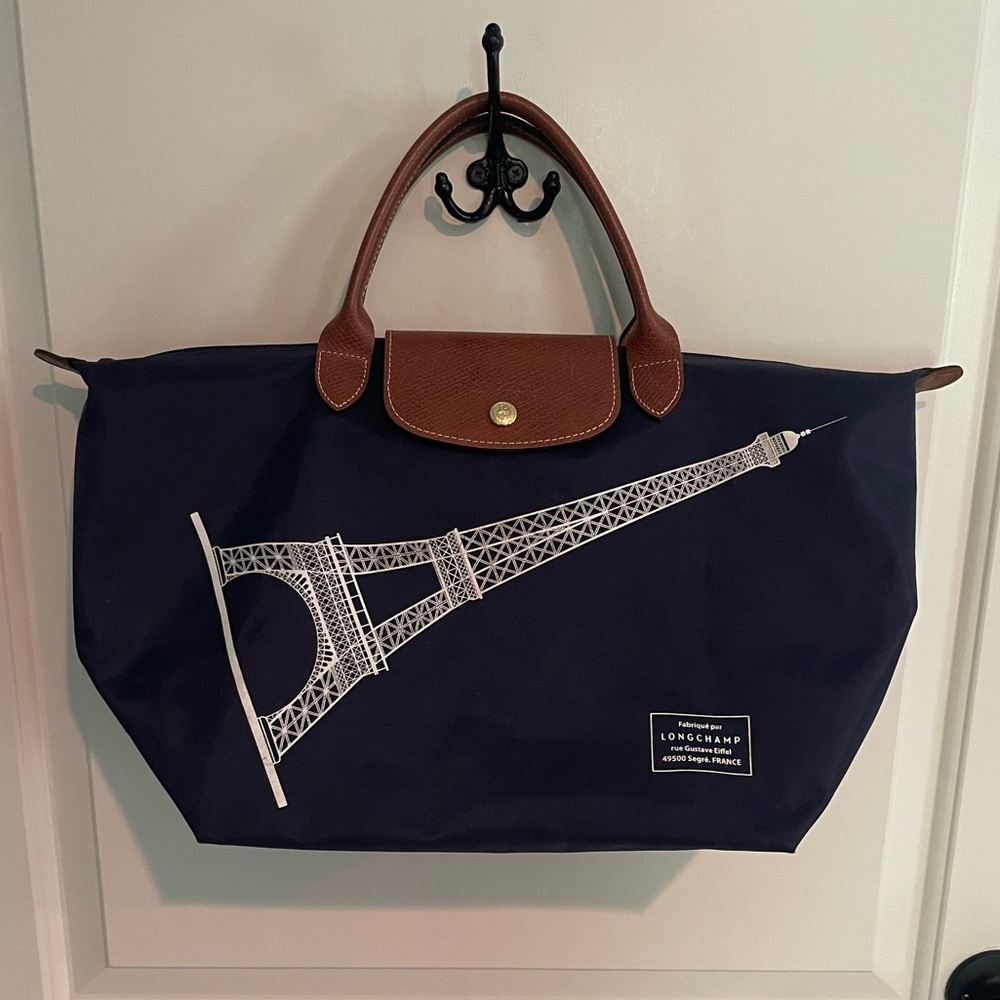Limited Edition Longchamp Paris Eiffel Tower Le Pliage Navy Nylon Tote Bag